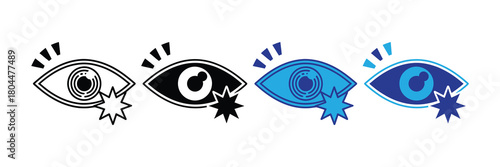 Four stylized eye icons illustrating vision, observation, and perception with radiating lines and starburst effects, in black and blue color variations on a white background.