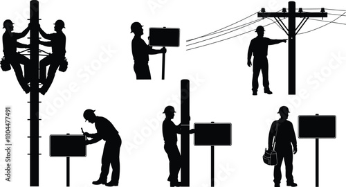 Electrician Worker Silhouette Set: Lineman Climbing Pole, Utility Installation, Electrical Engineer Maintenance, and Service Technician with Signage and Equipment Vector.