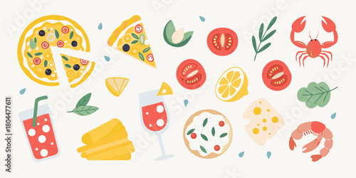 A vibrant collection of italian food and drink elements including pizza pasta seafood and fresh ingredients