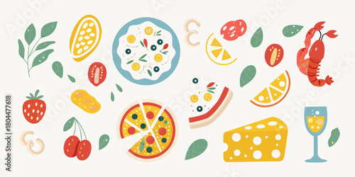 A vibrant flat illustration of delicious food and ingredients including pizza cheese fruit and seafood