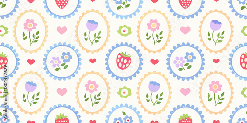 Charming seamless pattern with cute strawberries and flowers in pastel colors on white background