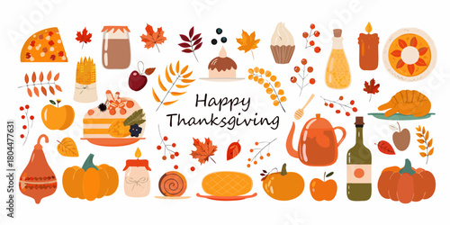 Happy thanksgiving illustration featuring autumn harvest food fall leaves pumpkins and festive treats