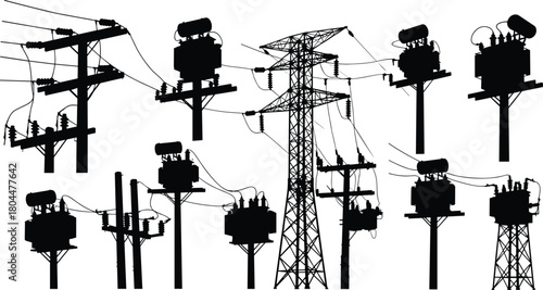 Electric Utility Grid Silhouettes Vector Set: Power Poles, High Voltage Transformers, and Transmission Tower for Energy Distribution.