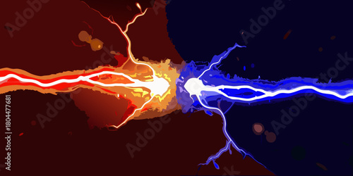 Abstract clash of fiery red lightning and cool blue electric energy against dark backgrounds