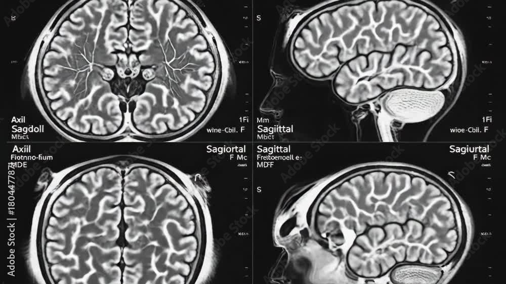 Human Brain Scan Middle A composite set of black and white medical MRI scans displays various ...