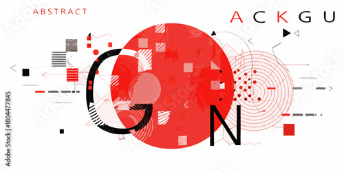 Abstract geometric composition with red circles and black letters forming the word can