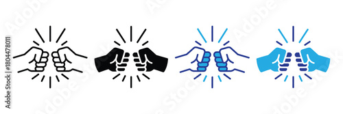Four fist bump icons in different styles: outline, solid black, blue outline, and solid blue, representing agreement, success, and connection.