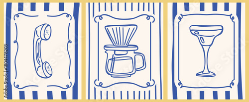 Retro minimal line illustrations of a phone, coffee dripper, and cocktail glass framed in bold blue and yellow stripes. Modern design for wall art or branding, or nostalgic visuals.