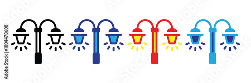 Collection of stylized street lamp icons in black, blue, red, and light blue, representing various lighting options for urban and public spaces.