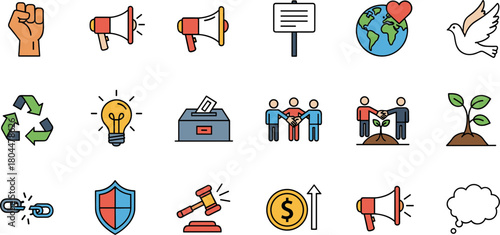 Colorful hand-drawn icon set for social issues activism and community engagement.