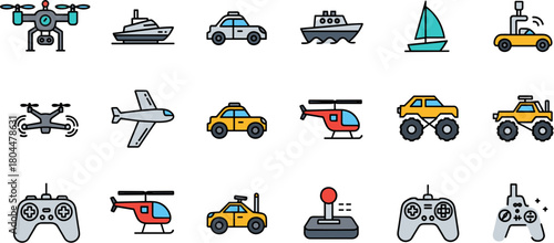 Colorful Line Art Icons of Remote Controlled Vehicles and Toys.