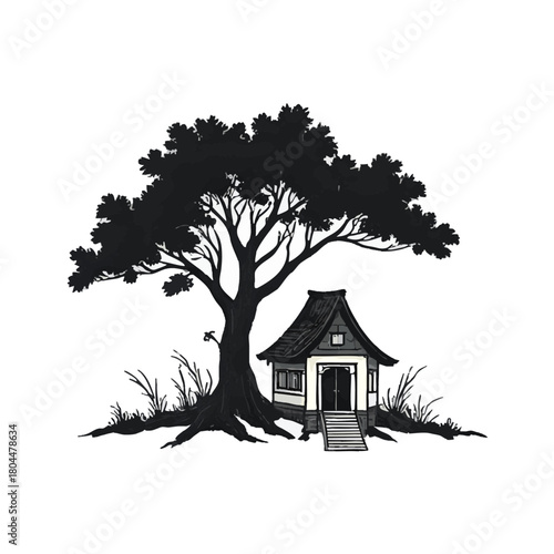Ink painting of a small house beneath large trees. Traditional oriental ink painting sumi-e, u-sin, go-hua. Translation of hieroglyph - perfection.