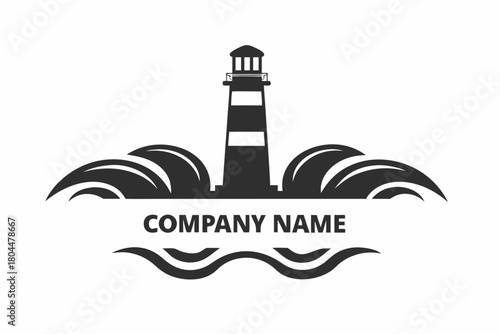 Silhouette lighthouse stands tall amidst stylized waves; company name placement visible below makes it easy