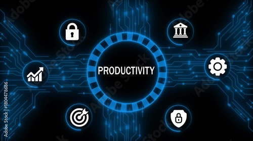 Digital productivity hub with growth chart lock target gear and bank icons on futuristic circuit board background