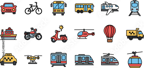 A diverse collection of colorful transportation vehicle icons in a flat line art style.