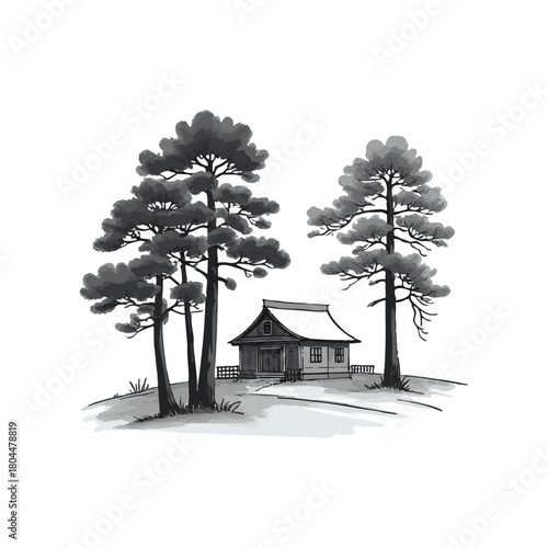 Ink painting of a small house beneath large trees. Traditional oriental ink painting sumi-e, u-sin, go-hua. Translation of hieroglyph - perfection.