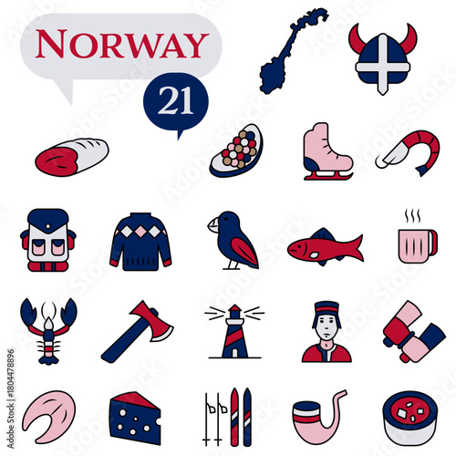 A set of icons in blue and red colors dedicated to life in Norway.