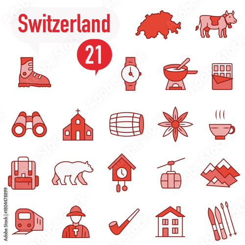 A set of red and white icons dedicated to life in Switzerland.