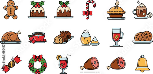 Collection of Christmas food and holiday celebration icons.