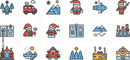 Winter travel and Christmas holiday themed icon collection.