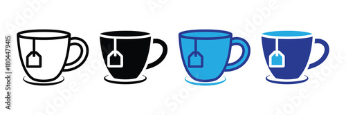Set of four stylized cups with tea bags, presented in line art, solid black, and blue icon variations for diverse design applications.