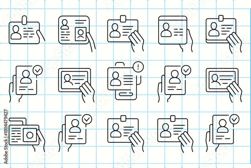 Collection of hand drawn icons representing identification badges and access cards