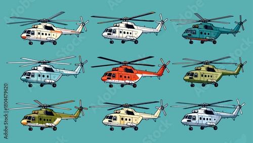 A collection of various styles of helicopters, with cartoon hand-drawn vector illustrations