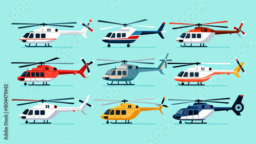 A collection of various styles of helicopters, with cartoon hand-drawn vector illustrations