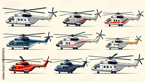 A collection of various styles of helicopters, with cartoon hand-drawn vector illustrations