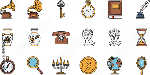 A diverse collection of colorful hand-drawn vintage and antique object icons.