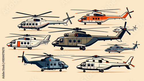 A collection of various styles of helicopters, with cartoon hand-drawn vector illustrations