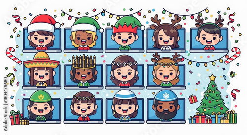Diverse group of people celebrating Christmas virtually on laptops, with festive hats and decorations, showcasing remote holiday connection