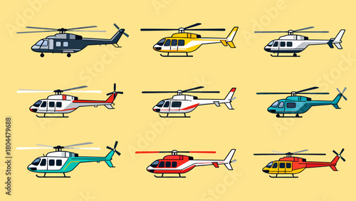 A collection of various styles of helicopters, with cartoon hand-drawn vector illustrations