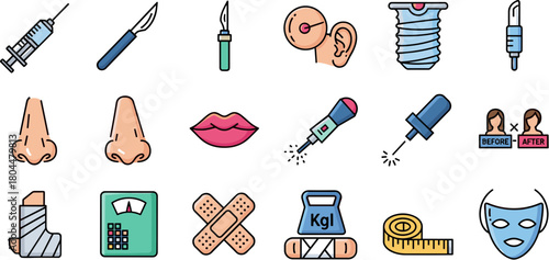 Set of Hand Drawn Icons for Plastic Surgery Cosmetology and Healthcare.