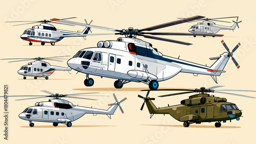 A collection of various styles of helicopters, with cartoon hand-drawn vector illustrations