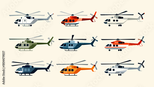 A collection of various styles of helicopters, with cartoon hand-drawn vector illustrations
