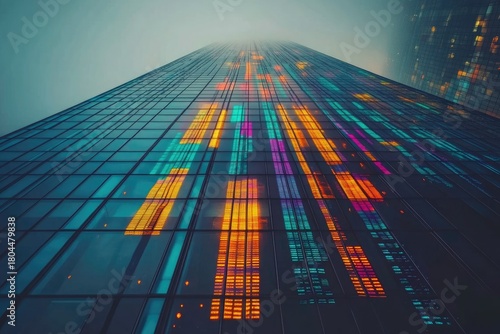 Wallpaper Mural Vibrant teal, orange, magenta digital patterns reflect on a modern glass skyscraper reaching into a hazy, futuristic urban sky. Torontodigital.ca