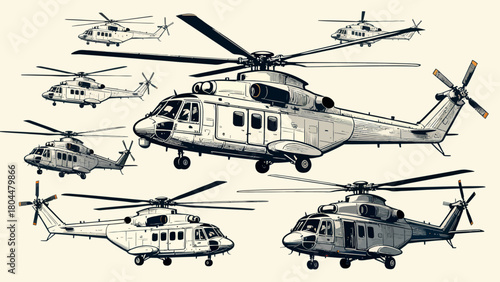 A collection of various styles of helicopters, with cartoon hand-drawn vector illustrations