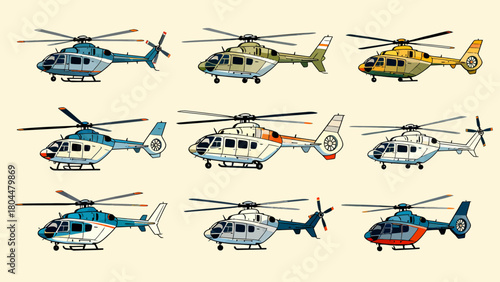 A collection of various styles of helicopters, with cartoon hand-drawn vector illustrations