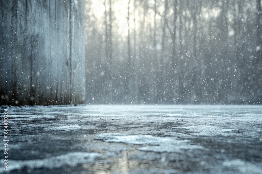 Obraz premium Close-up of icy ground with falling snow, a frosty wall, and blurred winter trees bathed in soft light in the background.