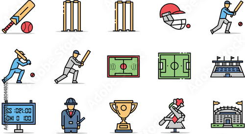 Colorful Cricket Sport and Equipment Icon Set on White Background.