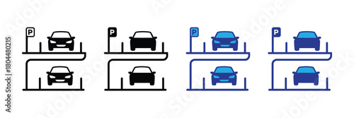 Illustration of a multi-level parking garage with cars on each level and parking signs, depicted in black and white and blue outline icon styles on white backgrounds.