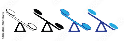 Set of stylized seesaw icons in different designs and colors, representing balance, comparison, and playground fun.