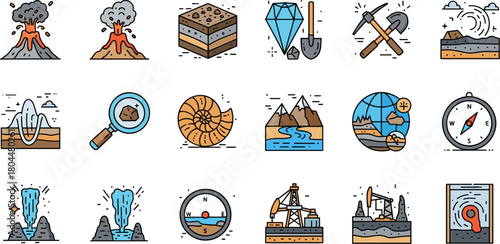 Colorful Doodle Style Geology and Earth Science Icon Set.