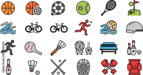 A diverse collection of colorful sports and recreation icons.