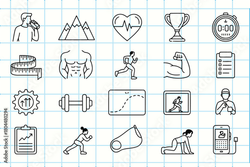 Doodle icons of fitness, health, and sports elements collection