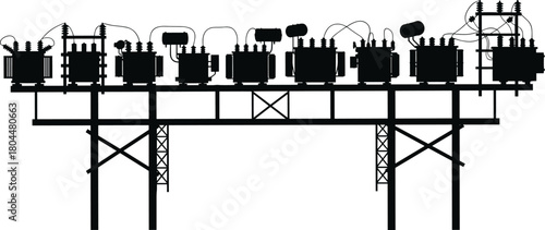 Electrical Substation Transformer Rack Silhouette Vector Set: High Voltage Power Equipment for Energy Grid Distribution and Control Technology.