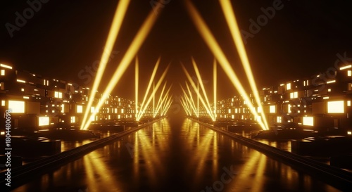 Fototapeta Naklejka Na Ścianę i Meble -  Futuristic golden tunnel with dramatic light beams