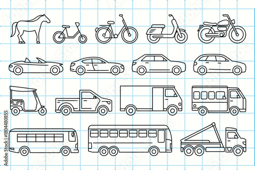 Collection of hand drawn vehicle illustrations on a grid background