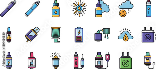 Vaping and E-Cigarette Themed Colorful Icon Set.